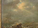 an old painting of a ship in rough water with people on the rocks