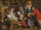 an image of a painting of a manger scene with a baby in a manger