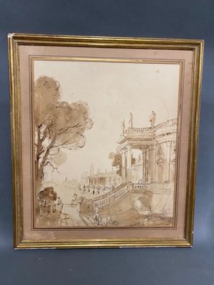 an old picture of a picture of a building with a bridge in the background