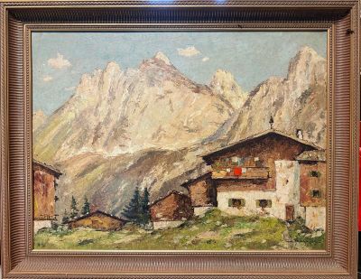 une image représentant un tableau représentant un paysage de montagne avec une maison au premier plan