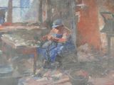 a painting of a man sitting on a chair in front of a window