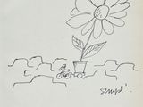 dessin représentant une fleur dans un vase, avec un vélo en arrière-plan