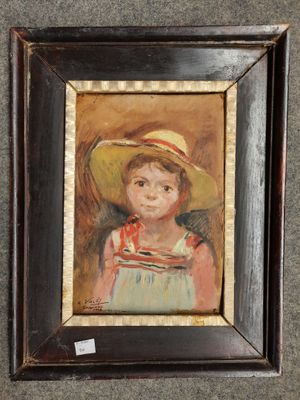une peinture à l'huile représentant une petite fille coiffée d'un chapeau de paille