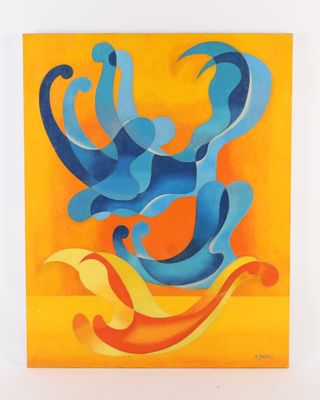 une peinture abstraite représentant des vagues bleues et orange sur un fond jaune