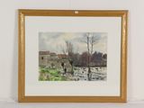 aquarelle encadrée représentant un paysage fluvial avec des arbres et des bâtiments