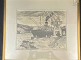 painting of a boat in a body of water with a man standing next to it