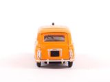 an orange toy car that is sitting on a white surface