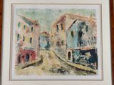 an image of a painting of a street with buildings in the background