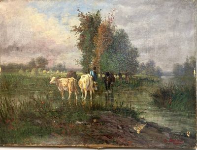 a painting of a painting of a man and cows in a field
