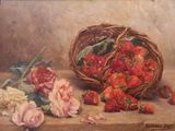 tableau représentant un panier de fraises et de roses posé sur une table