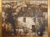 une image représentant un tableau d'une maison blanche avec des arbres au premier plan