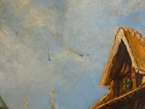 un tableau représentant une maison sur une colline, avec un oiseau volant dans le ciel