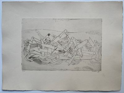 an image of a drawing of a boat in a body of water with mountains in the background