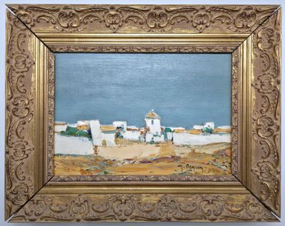 une image représentant un tableau représentant un village, dans un cadre doré