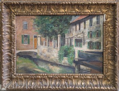 an oil painting of a building and a river in a gold frame