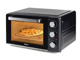a black toaster oven with a pizza inside of it