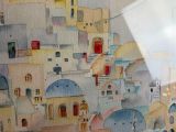 a painting of a view of a city from a window