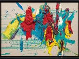 peinture abstraite représentant un groupe de personnes à cheval, avec des notes de musique en arrière-plan