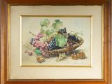 an oil painting of grapes in a basket on a table