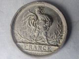 a silver coin with a rooster on it on a table