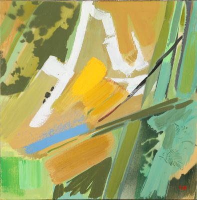 an abstract painting of green, yellow, and white paint on a canvas