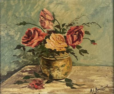 a painting of roses in a vase on a table