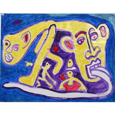 tableau représentant un homme et une femme accompagnés d'un chien, sur fond bleu