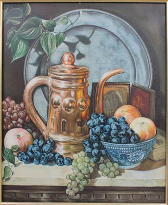 painting of a still life of grapes, peaches, and a teapot on a table