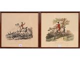 deux reproductions encadrées représentant un homme à cheval et un chien sautant par-dessus une colline