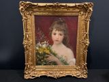 tableau représentant une jeune fille tenant un bouquet de fleurs, dans un cadre doré