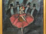 une peinture à l'huile représentant une femme en robe rouge et un groupe d'hommes en smoking
