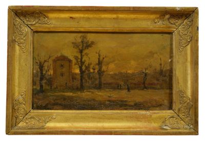 un tableau représentant un paysage avec une maison et des arbres au premier plan