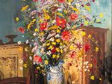a painting of a vase of flowers on a table
