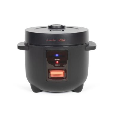 a close up of a black rice cooker on a white background