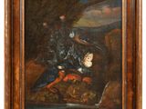 a painting of a man riding a horse in a wooded area