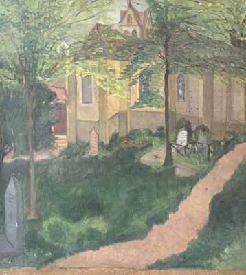 un tableau représentant une église au milieu d'un parc