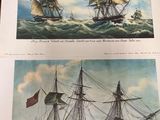 two pictures of ships in the water with flags on them
