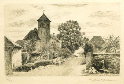 dessin représentant une rue de village avec une église et une calèche