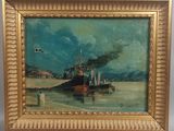 une peinture à l'huile représentant un bateau sur un plan d'eau, avec le ciel en arrière-plan