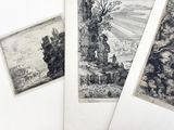 three drawings of a landscape with a tree and a castle