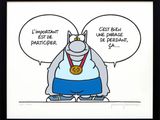 une illustration représentant un rhinocéros avec une médaille et des bulles de dialogue