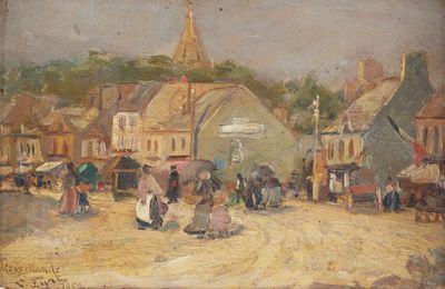tableau représentant une scène de rue avec des personnes tenant des parapluies et une église en arrière-plan