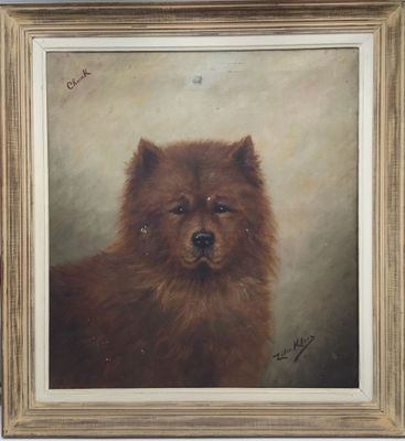 une peinture à l'huile représentant un chien, encadrée et accrochée au mur