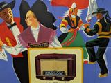 poster of a group of people standing around a radio in front of an american flag
