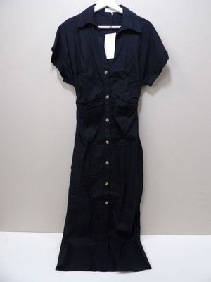 the dress is black and has buttons down the front