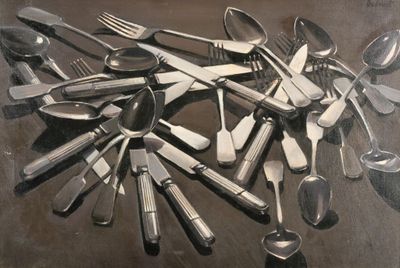 tableau représentant un ensemble de cuillères et de fourchettes disposées en cercle