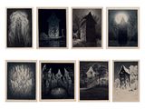 six photographies en noir et blanc représentant une grange, un cheval, une grange et une maison