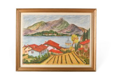 an oil painting of a landscape with a lake and mountains in the background