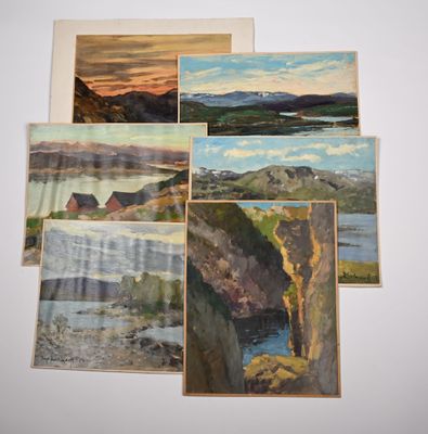four paintings of a landscape with mountains and a river in the foreground