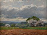 an oil painting of a field with a tree in the distance